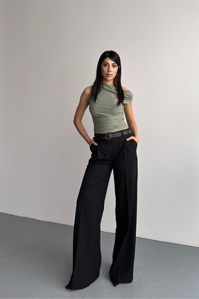 macharel jeans Kadın Bol Paça Cepli Kemerli Palazzo Pantolon Siyah