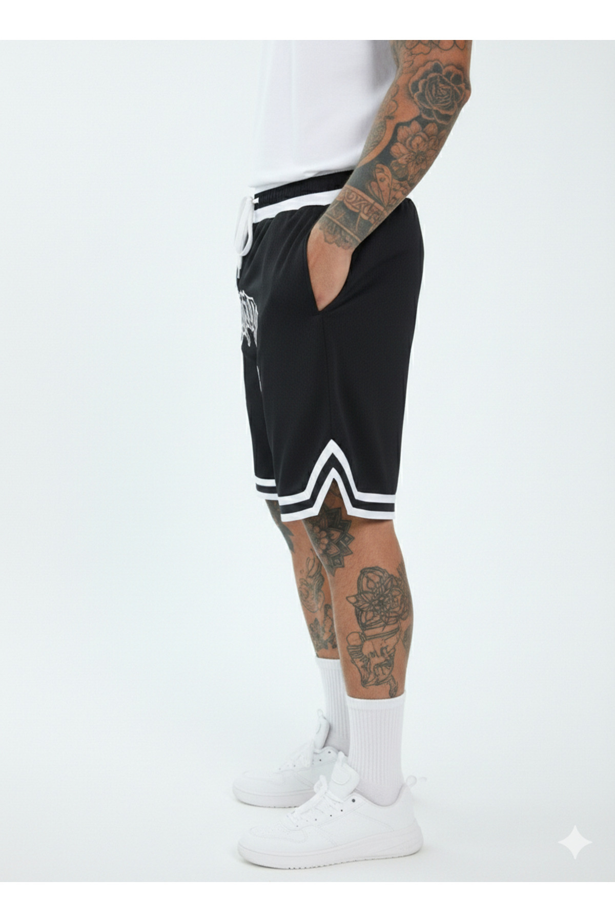 NİCE  Baskılı Erkek Siyah Basketbol Şortu - Retro Tarz Filesiz Rahat Kesim Spor Şort - Görsel 4