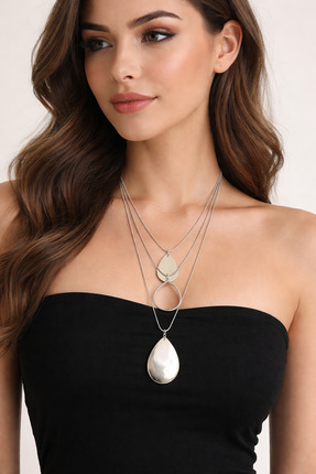 COCOSH TAKI Gümüş ve siyah renk zincirli iri damla model çoklu uzun moden kolye
