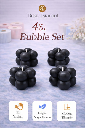 Dekor İstanbul Bubble Mum 4’lü Set Siyah | El Yapımı Doğal Soya Mumu | Dekora...