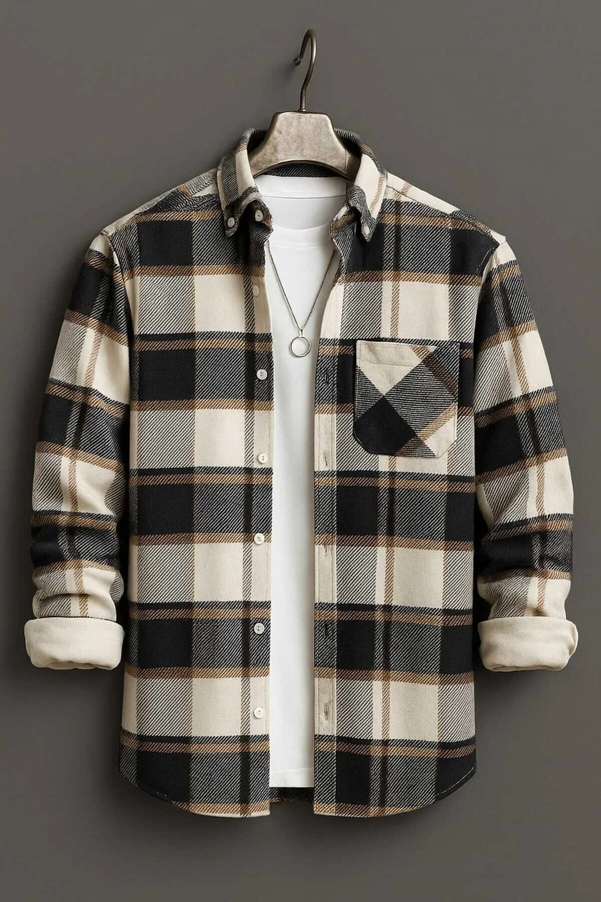 YNGMENCLASS Single Pocket Detailed Plaid Textured Cashmere Cotton Winter Lumberjack Shirt