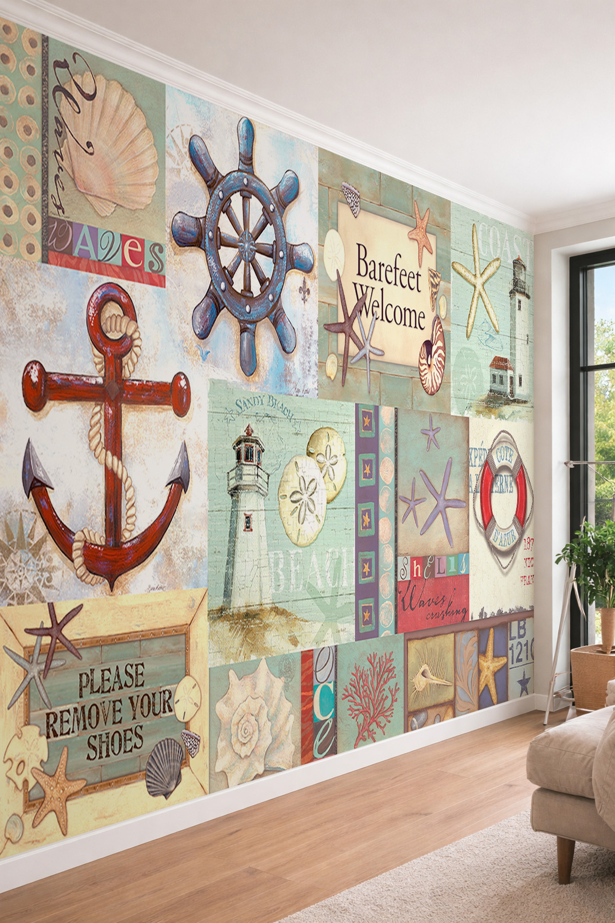 Marine & Coastal Themed Decorative Collage Marine Pattern One Piece Textile Wallpaper