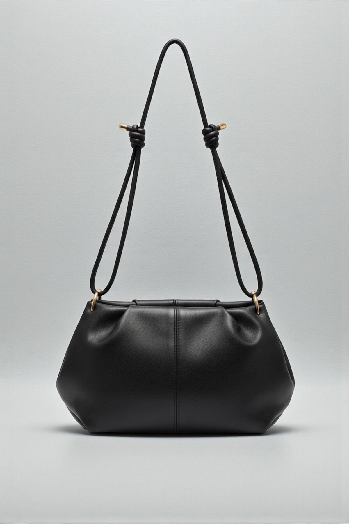 Shirred Design Knot Adjustable Strap Black Soft Form Women's Shoulder Bag
