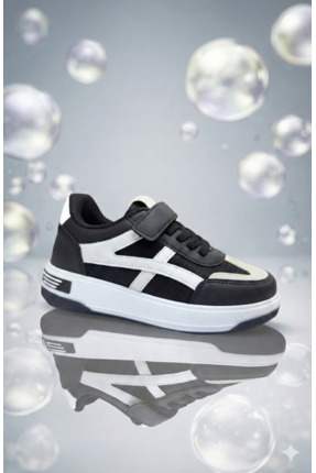 ORELİON Günlük Siyah Beyaz Çocuk Spor Ayakkabı Cırtlı, Bağcıklı Hafif Esnek T...