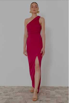 marvion Kadın Fusya Vücuda Oturan Örme Uzun Şık Abiye Elbise