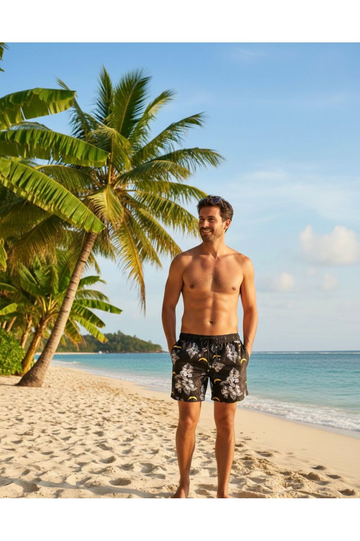 İLBESSPORT Men's Black Tropical Patterned Swim Shorts