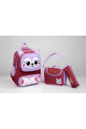 shop İlk okul uyumlu 3'lü set-kedi figürlü ortapedik sırt çantası+beslenme ça...