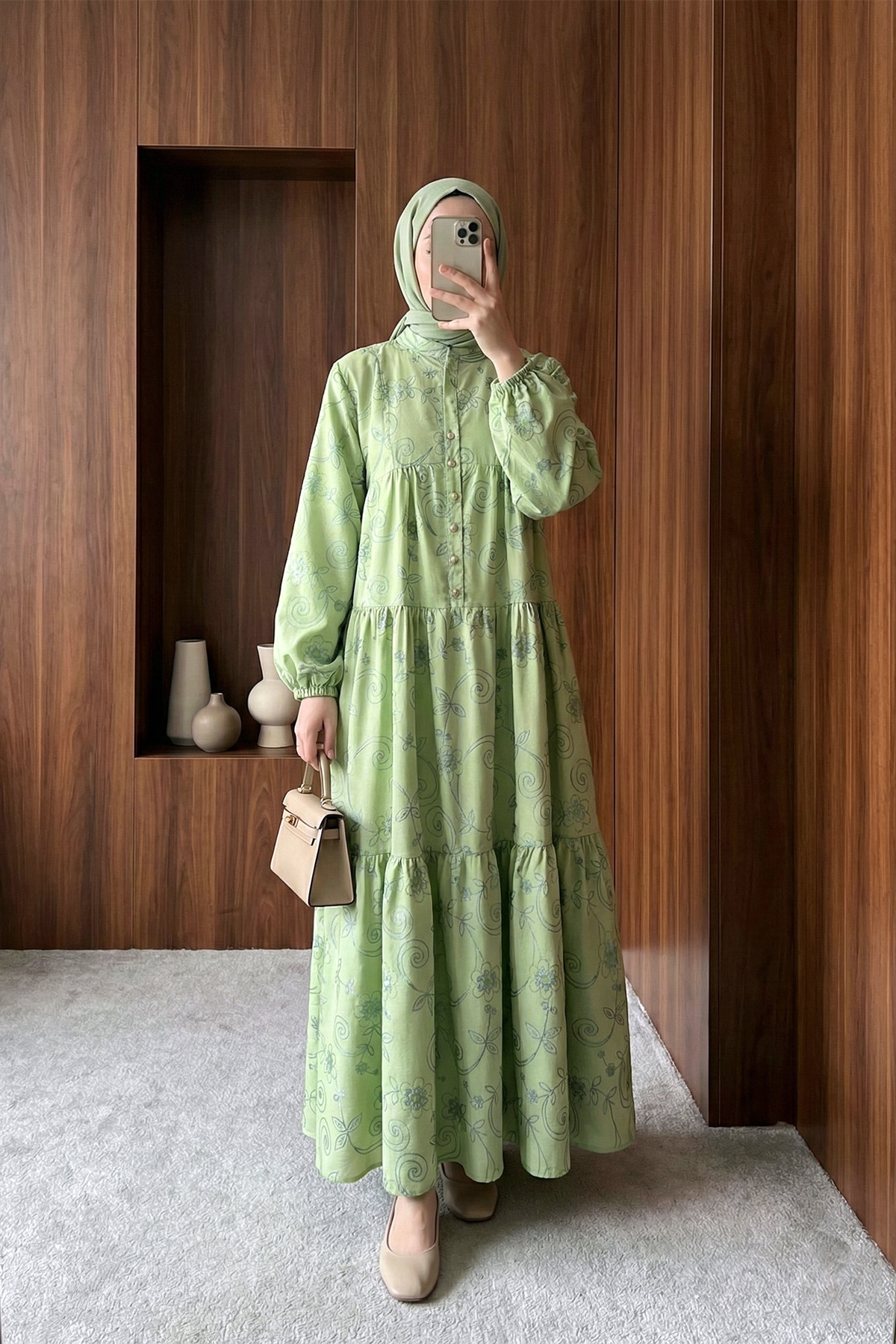 Jacquard Print Buttoned Tiered Dress - Khaki