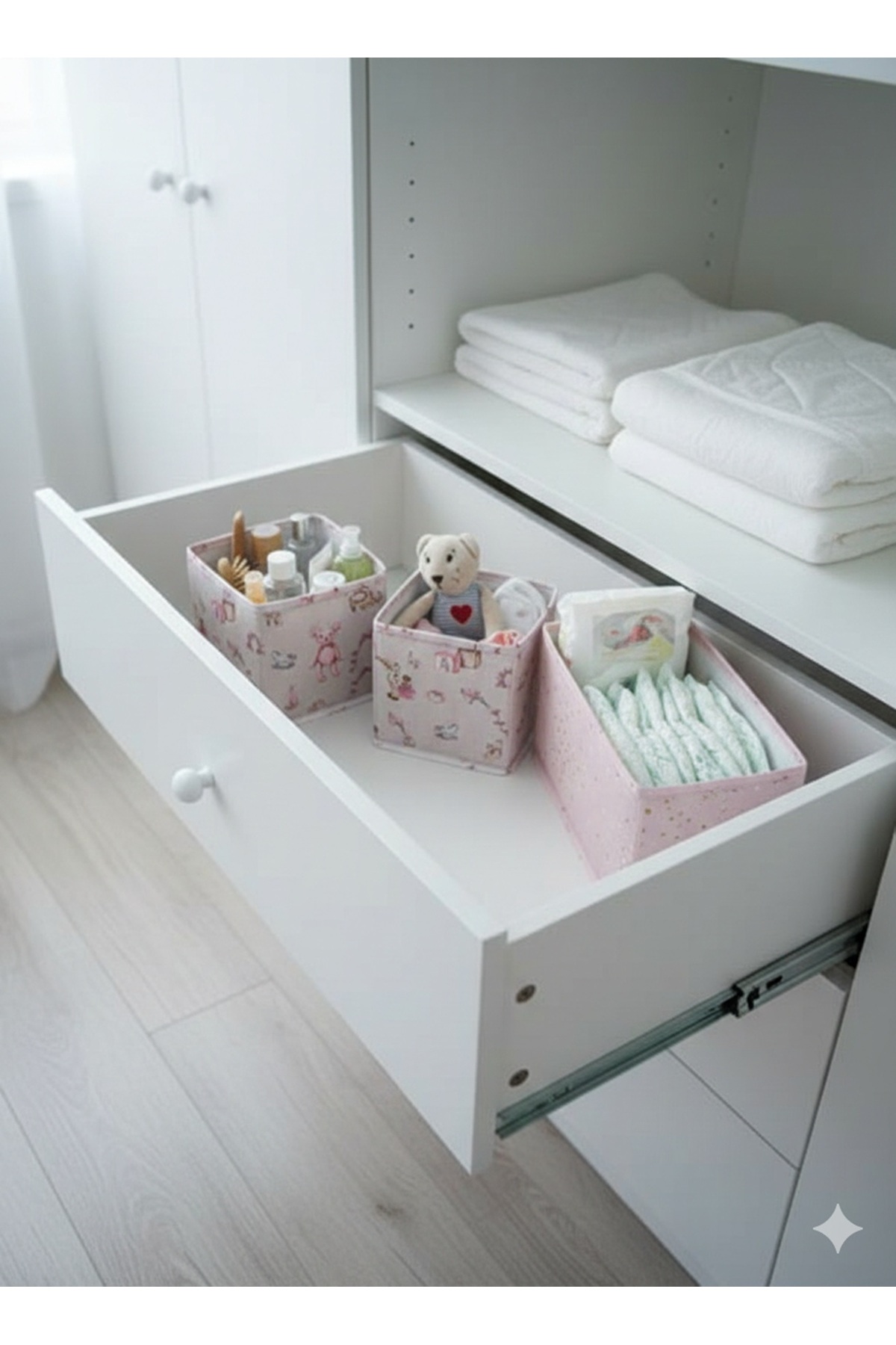 Ferzin Bebek Bakım Seti Pembe Desenli & Oda Düzenleyici 4'lü Set - Çekmeceli Organizer, Anne Bebek Çantası fotoğrafı 7 (önizleme)