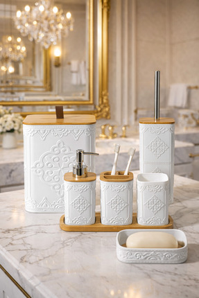 MAKRİ HOME Desenli 7 Parça Bambu Kapaklı ve Aksesuarlı Banyo Seti