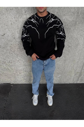 Genel Markalar Yıldırım Baskılı Bisiklet Yaka SweatShirt - Siyah