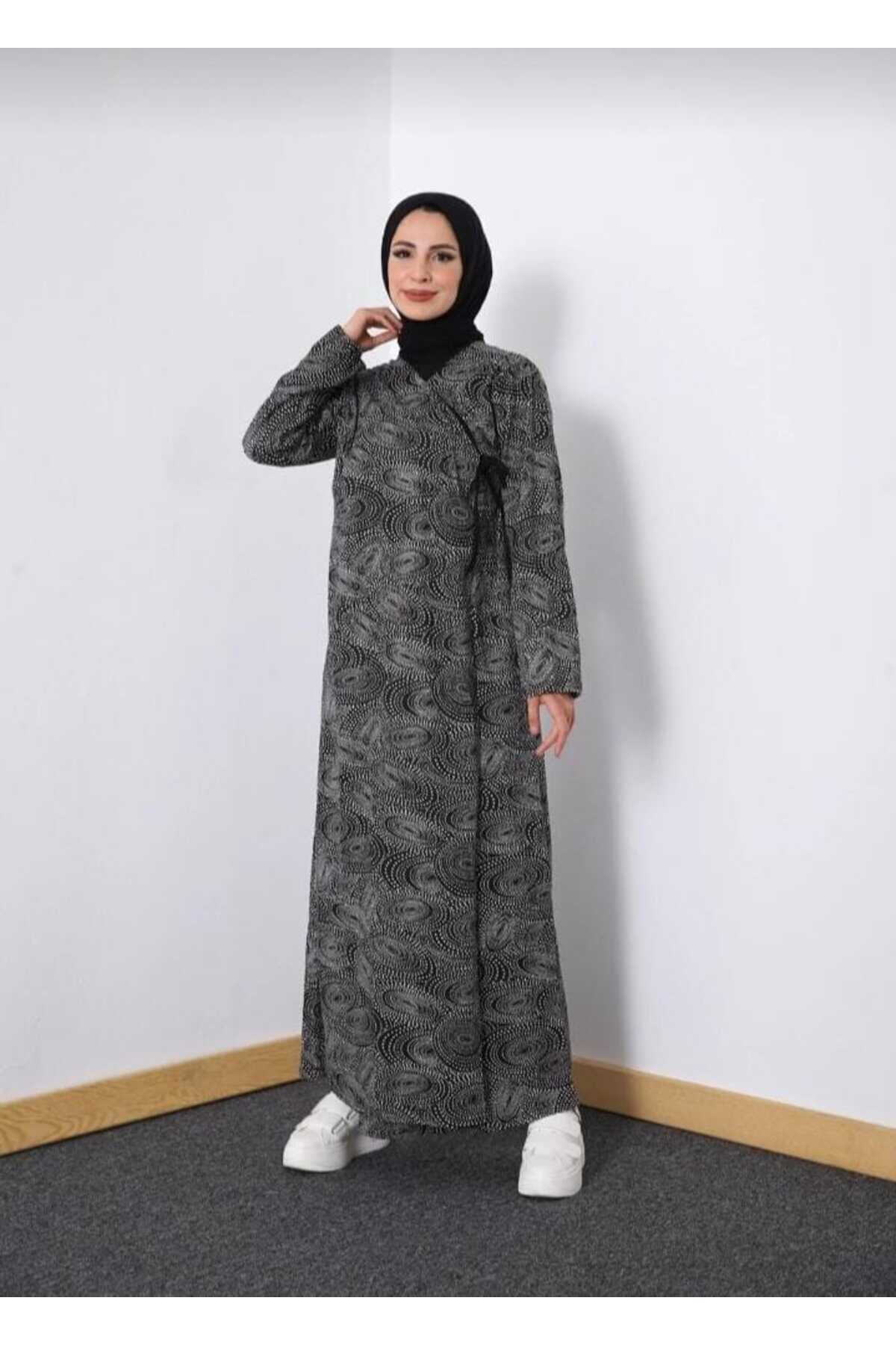 Defkay  Yandan bağlamalı pamuklu kumaş kruvaze kadın namaz elbisesi - Görsel 3