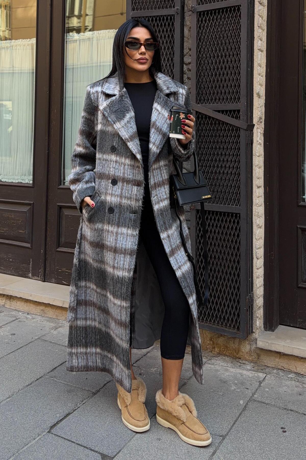 Lijuri  Ekose Desenli Kuşaklı Kaşe Kaban 7134 - Görsel 5