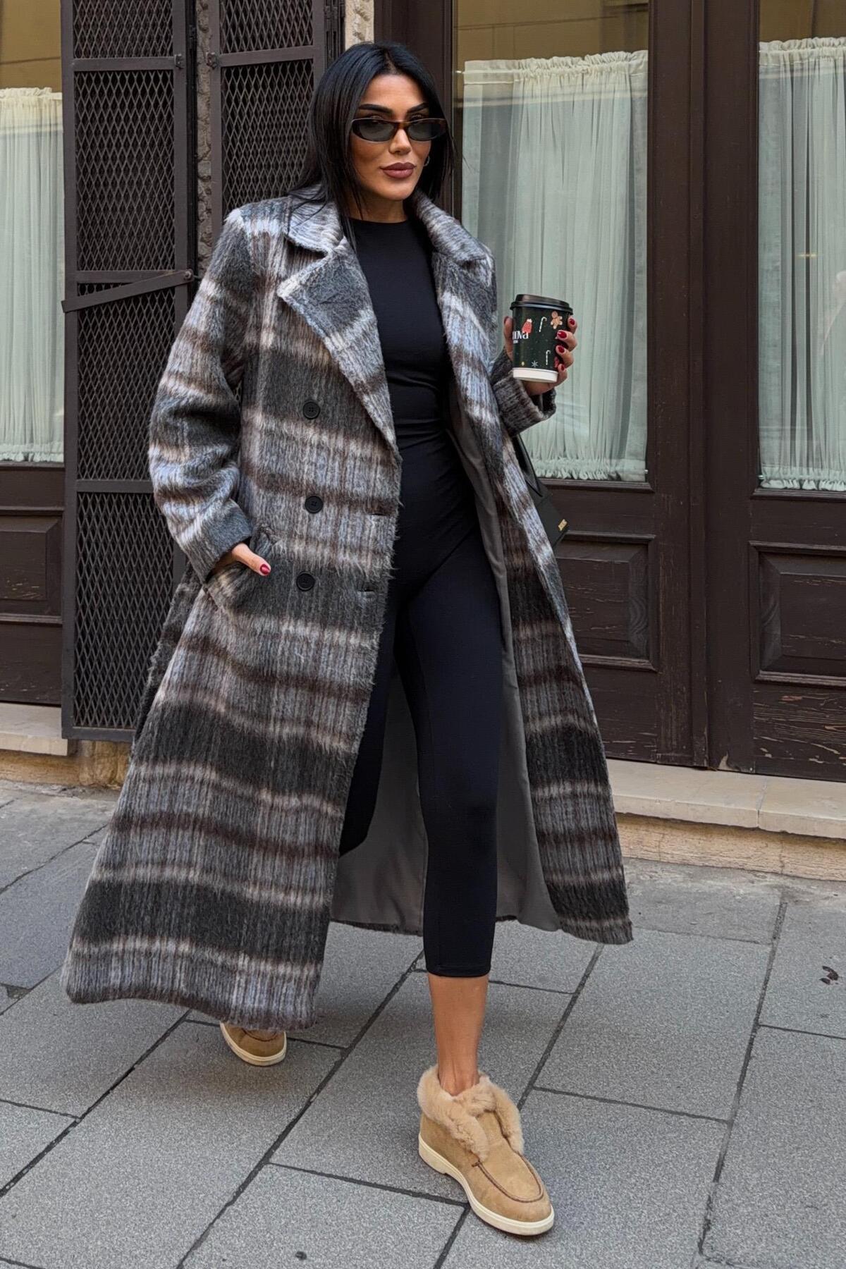 Lijuri  Ekose Desenli Kuşaklı Kaşe Kaban 7134 - Görsel 6