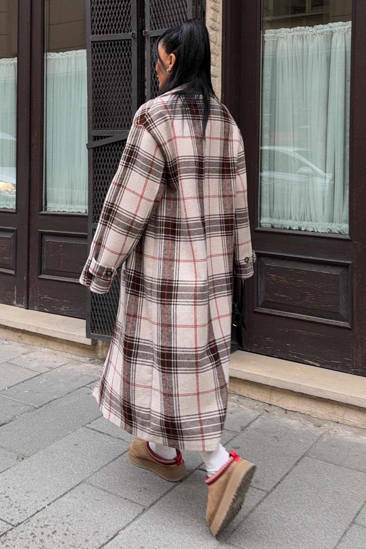 Lijuri  Çift Düğme Kapamalı Ekose Desenli Kaşe Kaban 7141 - Görsel 6