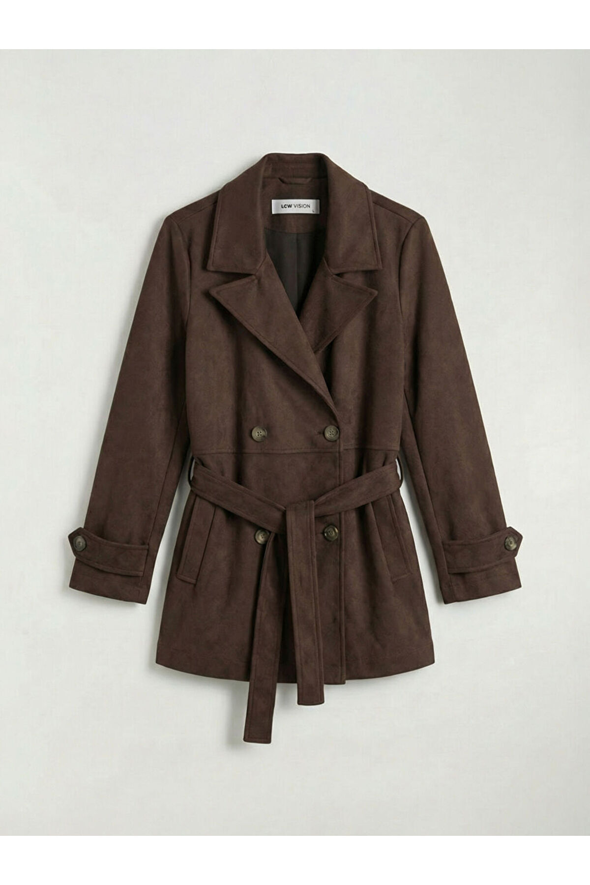 LC Waikiki  GiyÇık Store Kahverengi Kruvaze Yaka Süet Görünümlü Kadın Trençkot