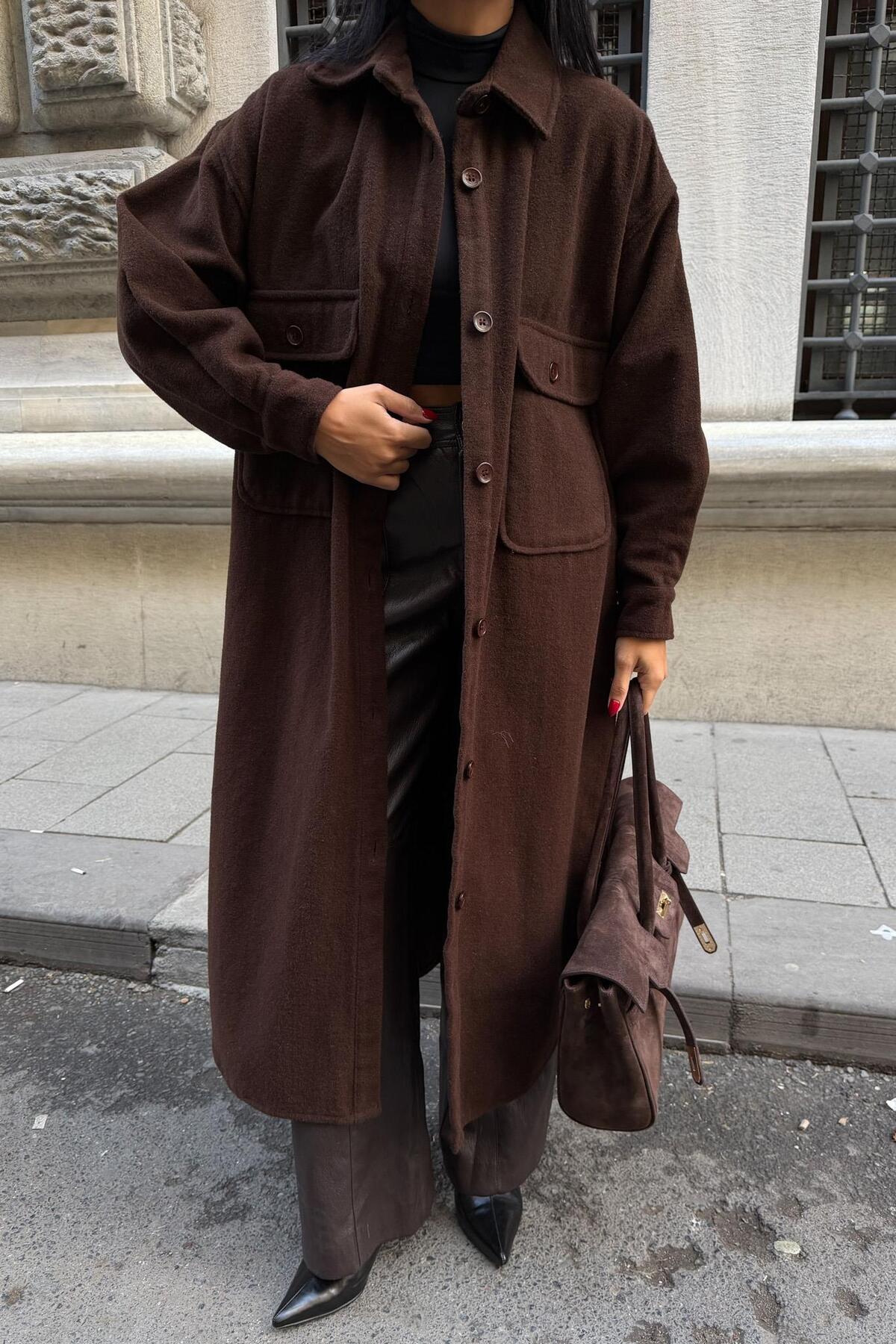 Lijuri  Oversize Cepli Düğmeli Uzun Kaşe Gömlek 7131 - Görsel 5