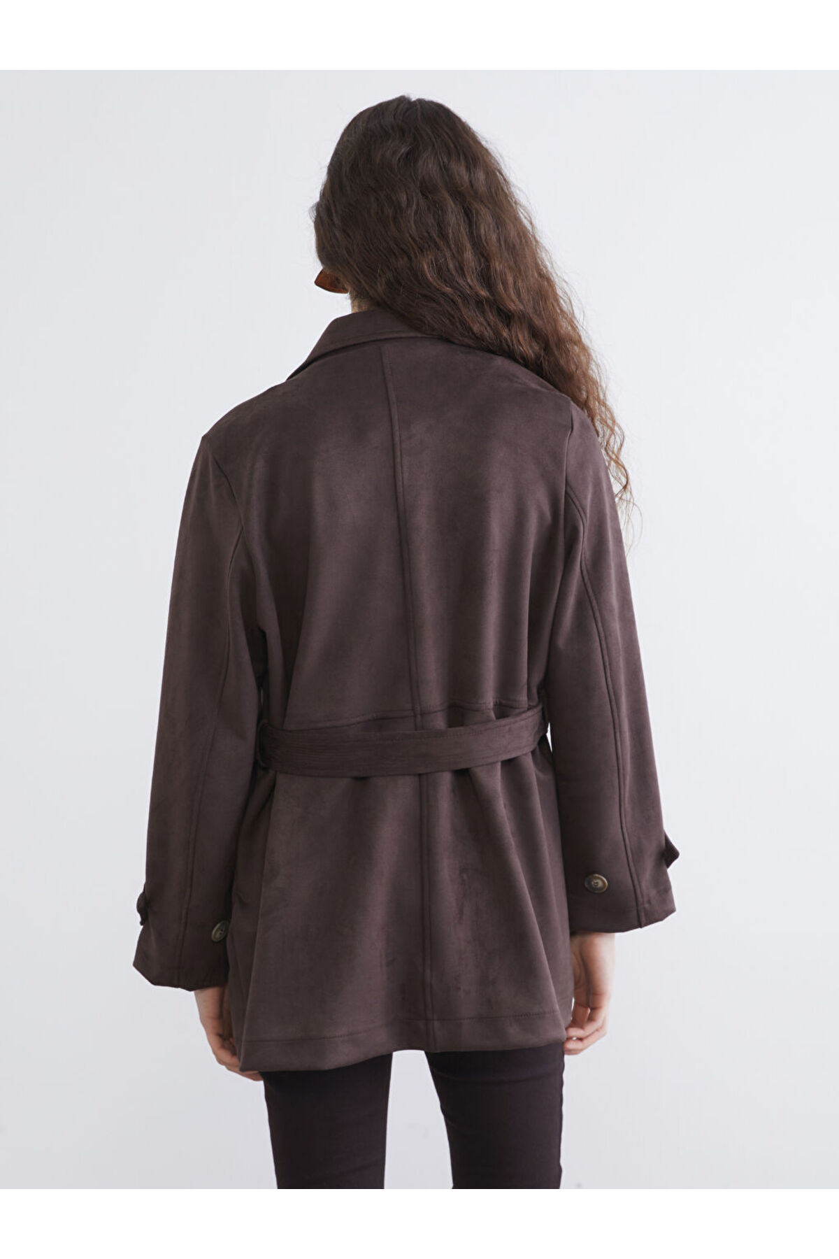 LC Waikiki  GiyÇık Store Kahverengi Kruvaze Yaka Süet Görünümlü Kadın Trençkot - Görsel 7