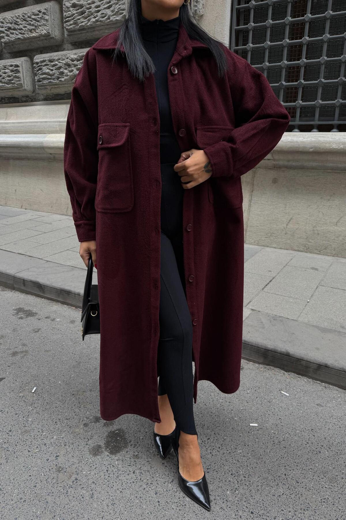 Lijuri  Oversize Cepli Düğmeli Uzun Kaşe Kaban 7131 - Görsel 5