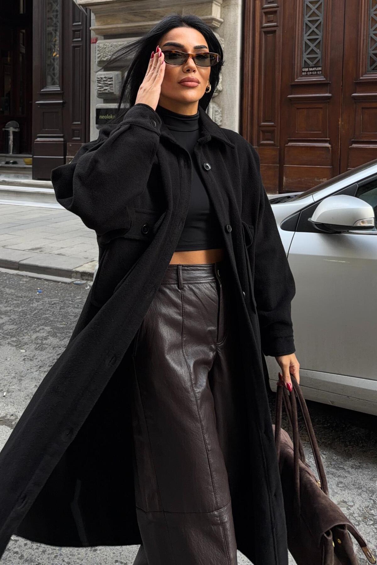 Lijuri  Oversize Cepli Düğmeli Uzun Kaşe Kaban 7131 - Görsel 2