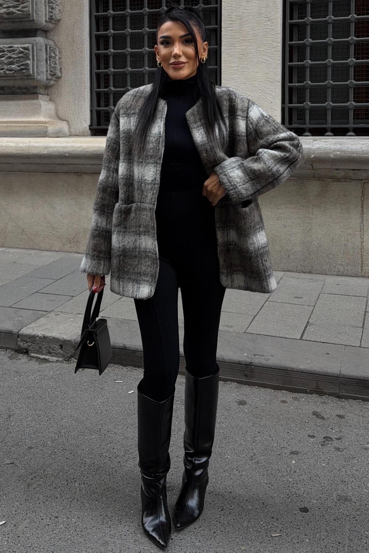 Lijuri  Yuvarlak Yaka Ekose Desenli Tüylü Mont 7140 - Görsel 5