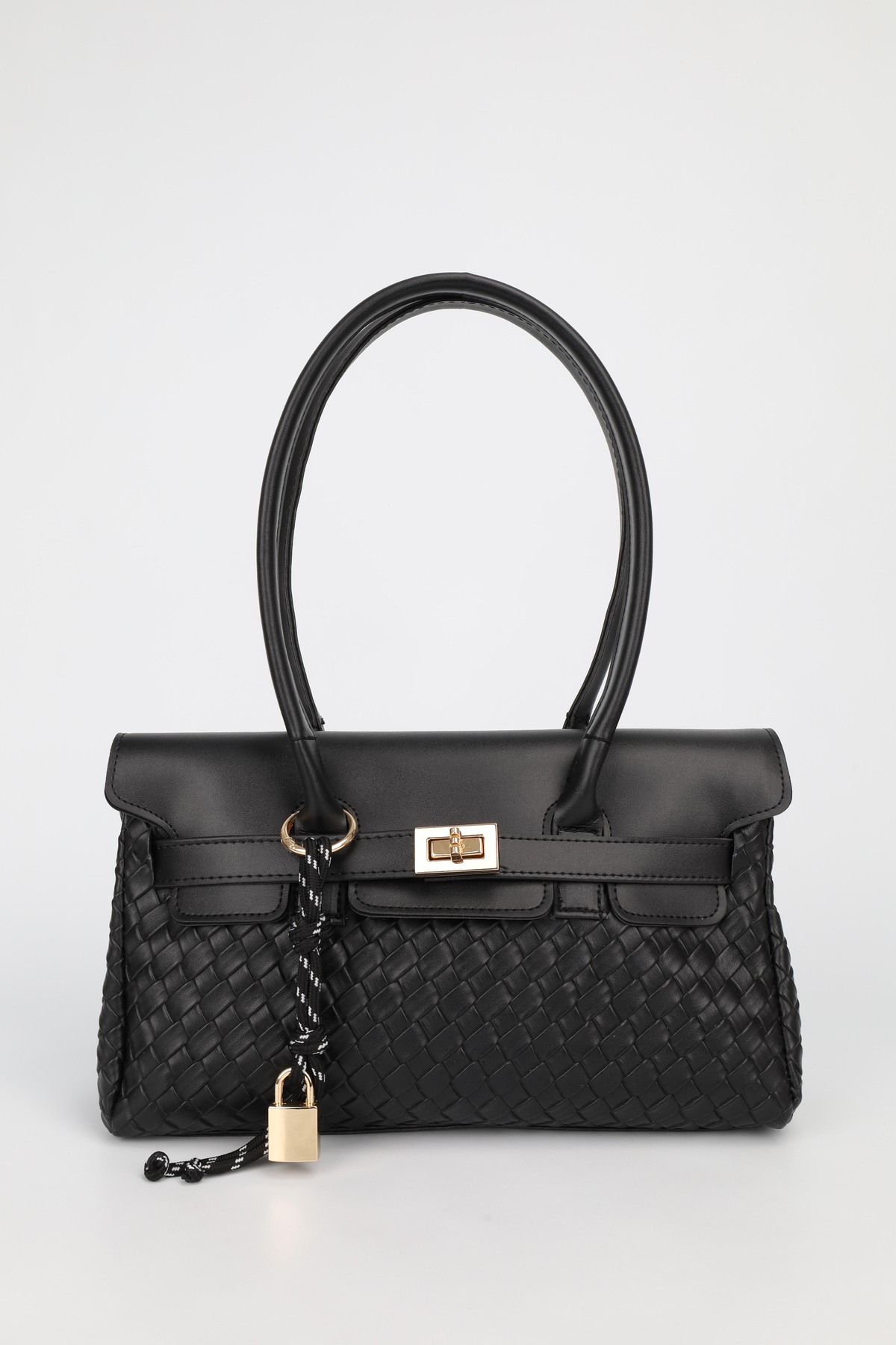 Women's Black Braided Leather Belted Charm Detailed Hand and Shoulder Bag with Cover 16x30 Cm Pera