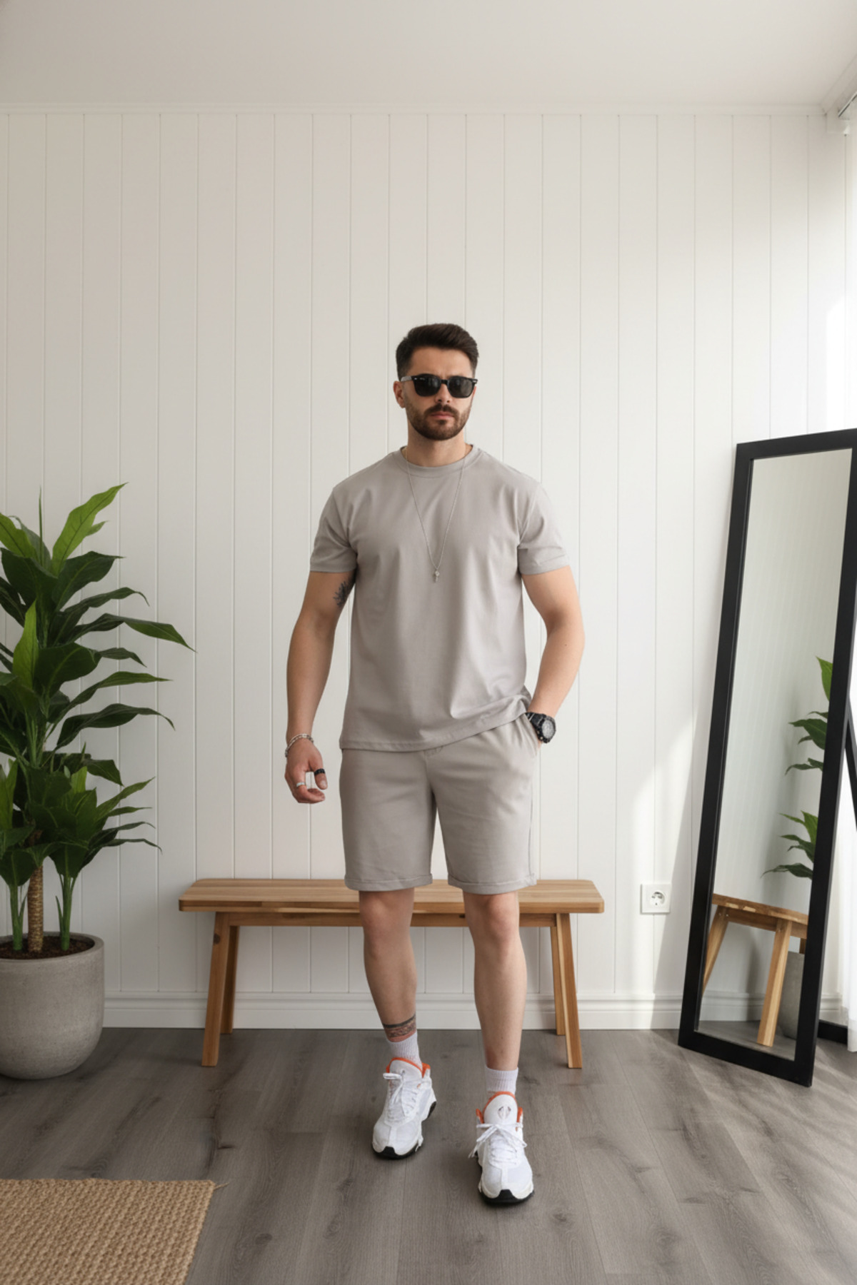 EydaMoon Erkek Taş Regular Kesim %100 Pamuklu Likralı Penye Kumaş Yazlık Eşofman Takımı