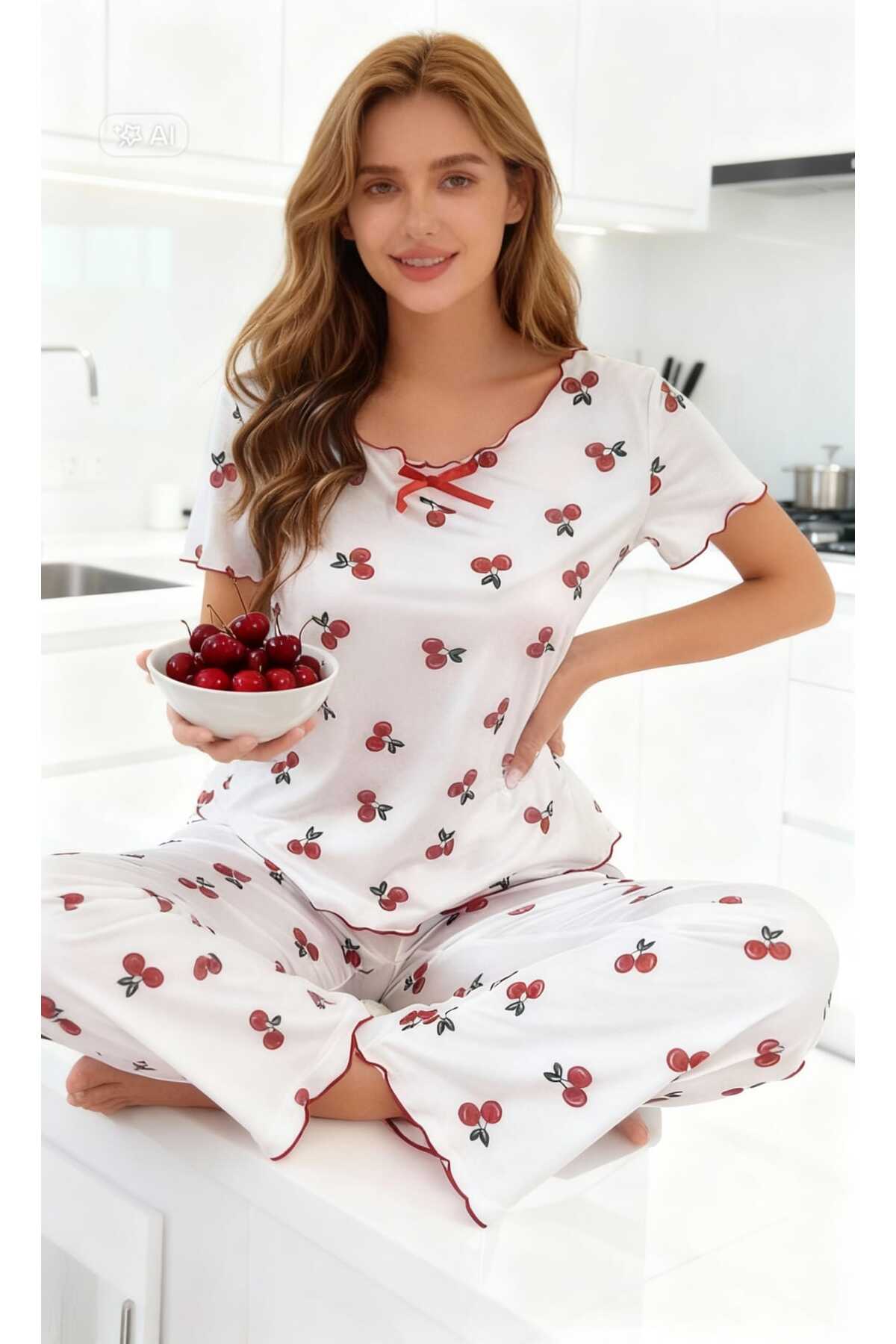 Kadın Kiraz Desenli Rahat KADIN Pijama Takımı Mevsimlik Saten Görünüm 2