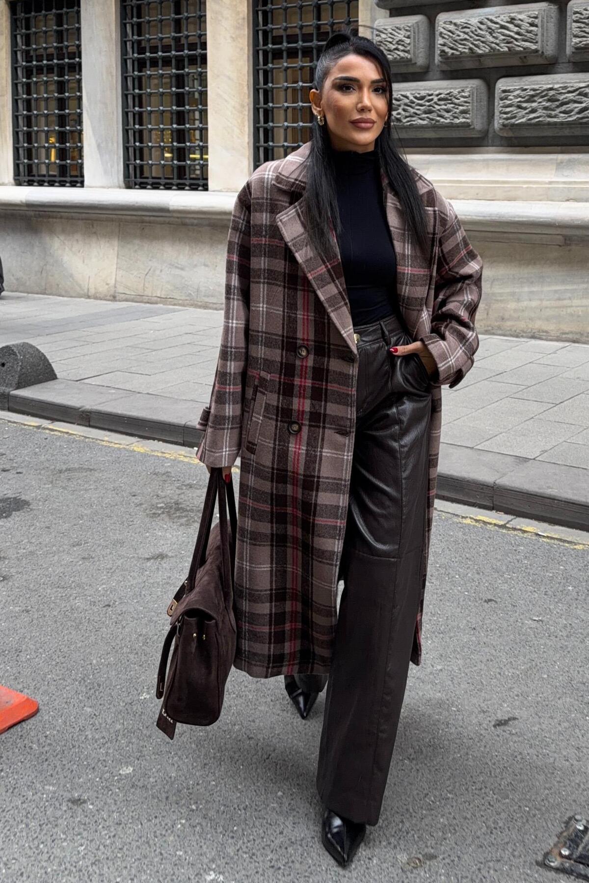 Lijuri  Çift Düğme Kapamalı Ekose Desenli Kaşe Kaban 7141 - Görsel 7