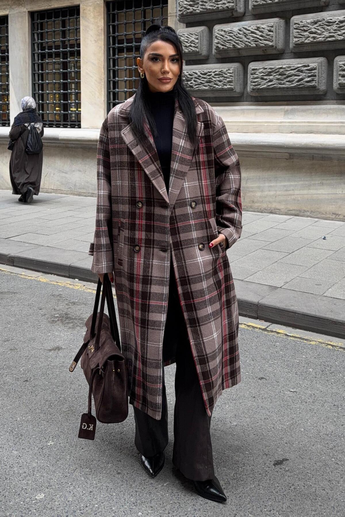 Lijuri  Çift Düğme Kapamalı Ekose Desenli Kaşe Kaban 7141 - Görsel 2