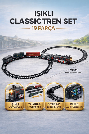 YILDIRIM OYUNCAK Işıklı Pilli Klasik Tren Seti 19 Parça | 91 cm Raylı Demiryo...