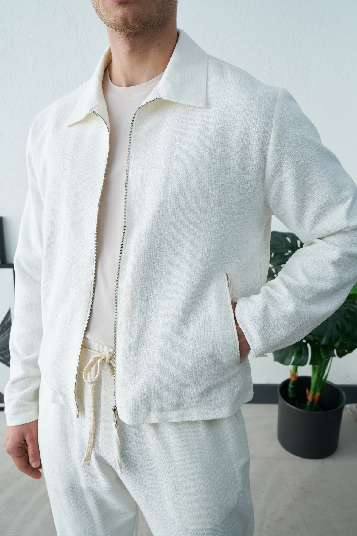 İLKCET MODA  Erkek Beyaz Etnik Desenli Oversize Kısa Ceket