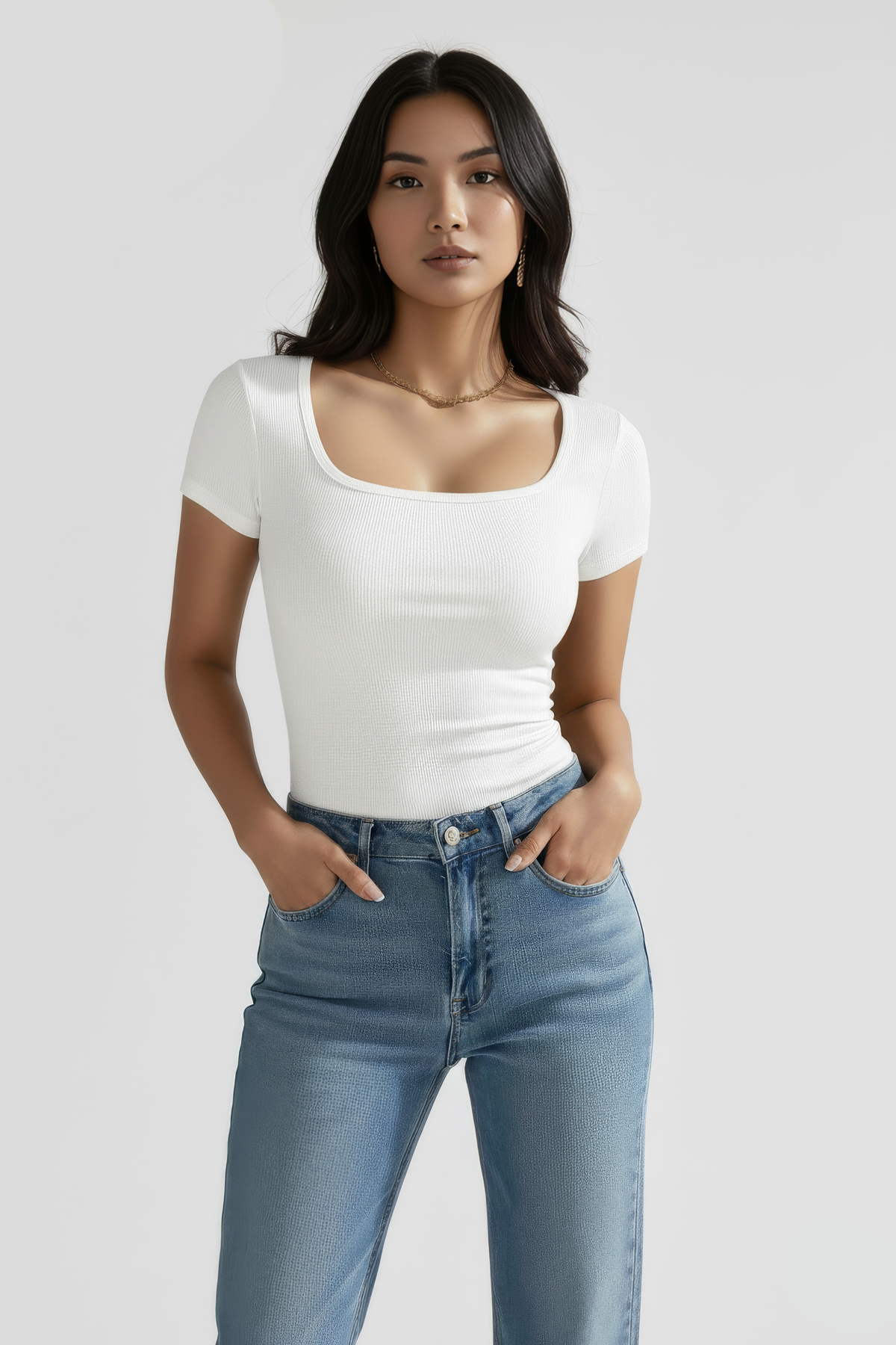 NERTH STYLE  3'lü Set U Yaka Kısa Kollu Fitilli Pamuk Bluz T-shirt - Görsel 3