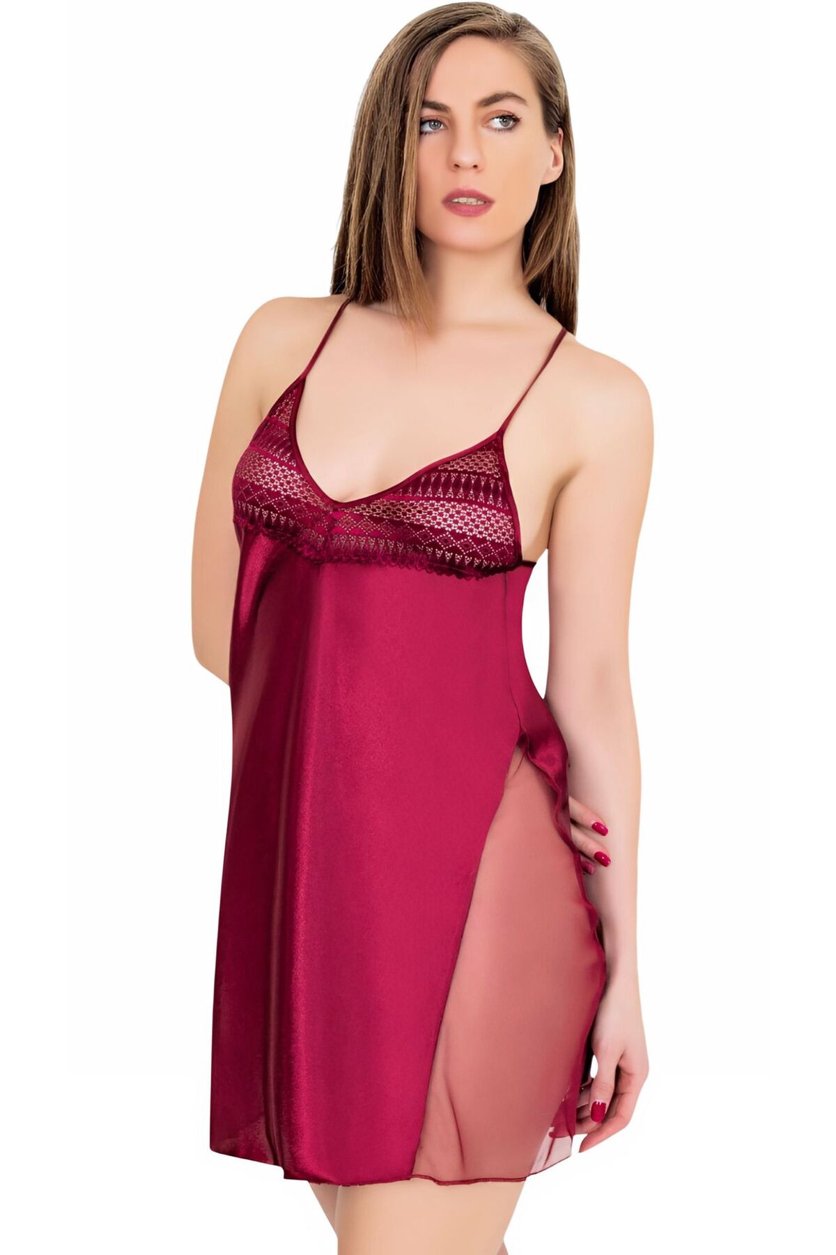 Miss Laris Lingerie Dantel Detaylı İnce Ayar Askılı Kadın Bordo Gecelik MLRS-2097