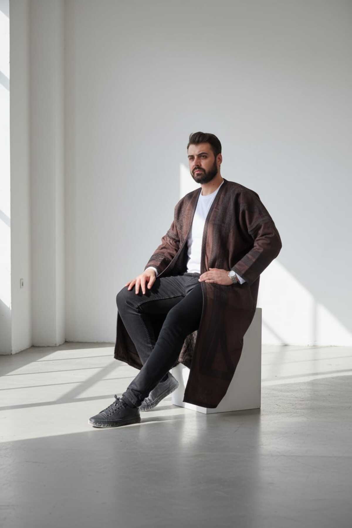 bilqasmi  Erkek Uzun Klasik Kürk Palto Görünümlü Kışlık Dış Giyim Unisex - Görsel 4