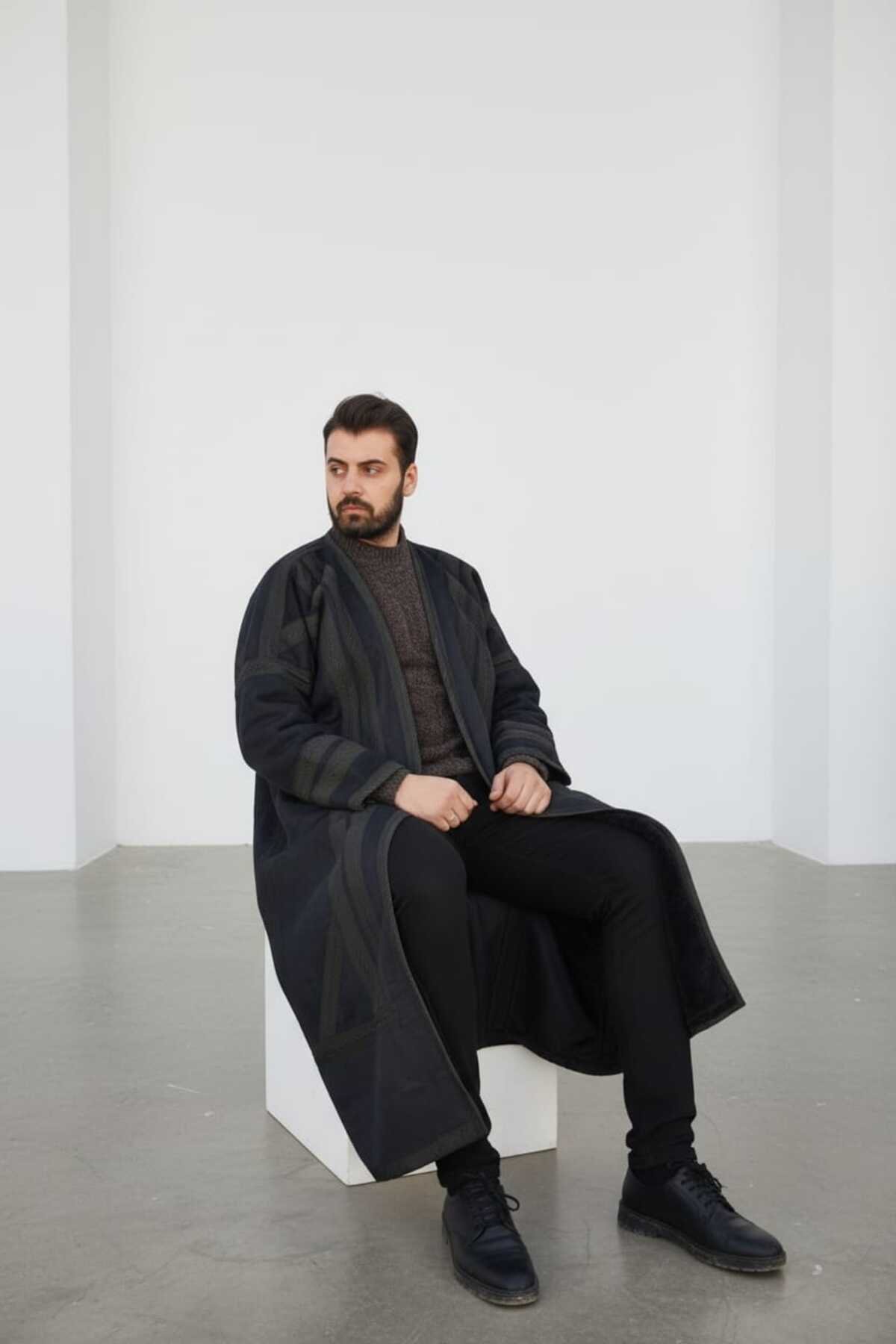 bilqasmi  Erkek Uzun Klasik Kürk Palto Görünümlü Kışlık Dış Giyim Unisex - Görsel 6