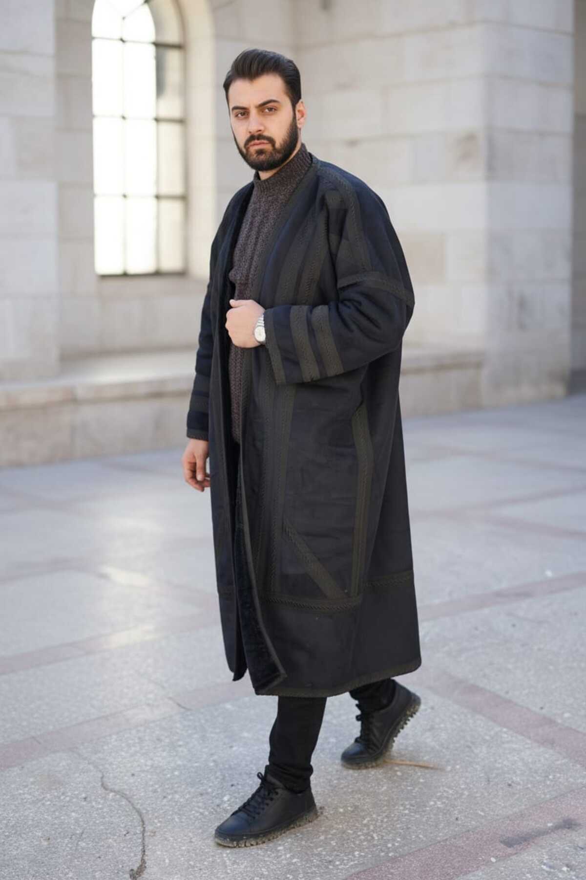 bilqasmi  Erkek Uzun Klasik Kürk Palto Görünümlü Kışlık Dış Giyim Unisex - Görsel 5