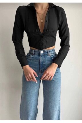 The Naz Line Kadın Crop Gömlek Slim Dar Kesim Beli Lastikli