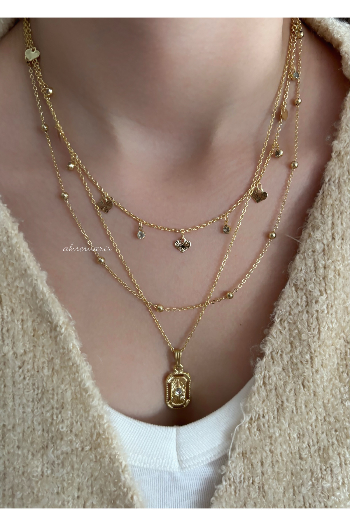 aksesuaris  3'lü Gold Zincir Kalp Ve Zirkon Taş Detay Kadın Kolye - Görsel 2