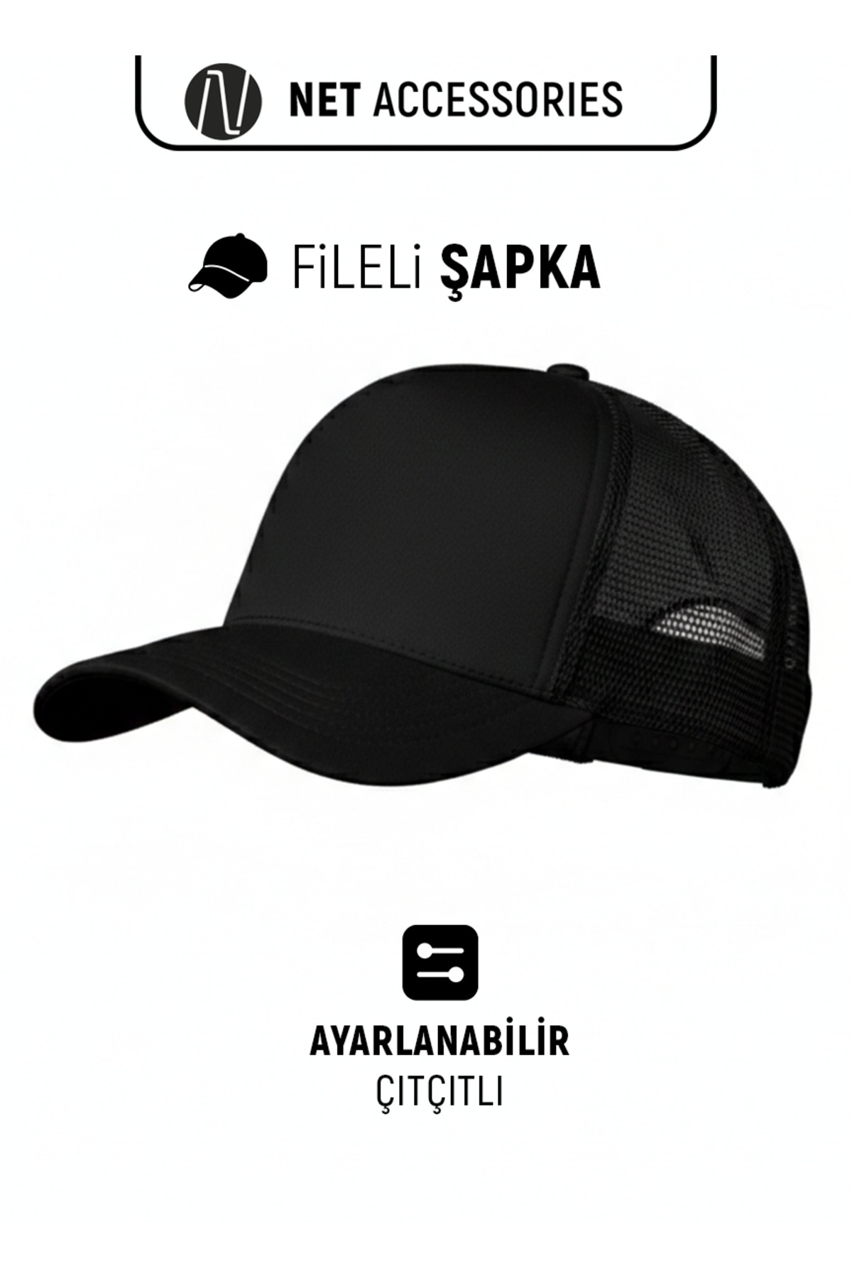 Net Tekstil  Siyah Fileli Ayarlanabilir Çıtçıtlı Spor Şapka Cap Unisex
