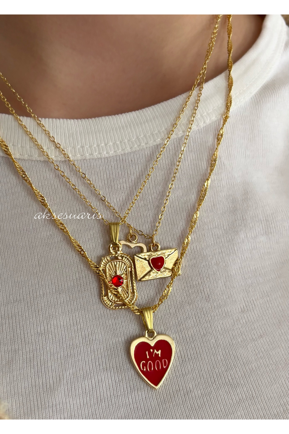 aksesuaris  3'lü Gold Kırmızı Kalp Charm Love Kolye Set - Görsel 4