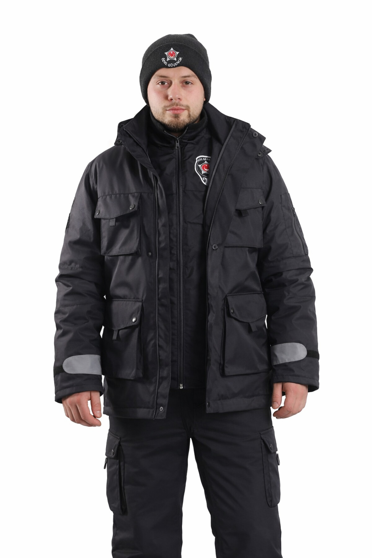 Unisex Siyah Kaban ve İç Mont İkili Takım, İş Montu, Soğuk Hava Kabanı, Gizli Kapşonlu — مشکی GNLK000001