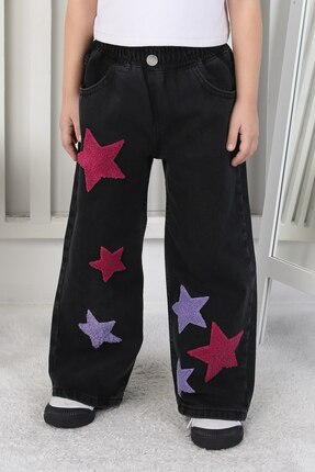 Butik Kız Çocuk Siyah Yıldız Nakışlı Wide Leg Beli Lastikli Jean Kot Pantolon