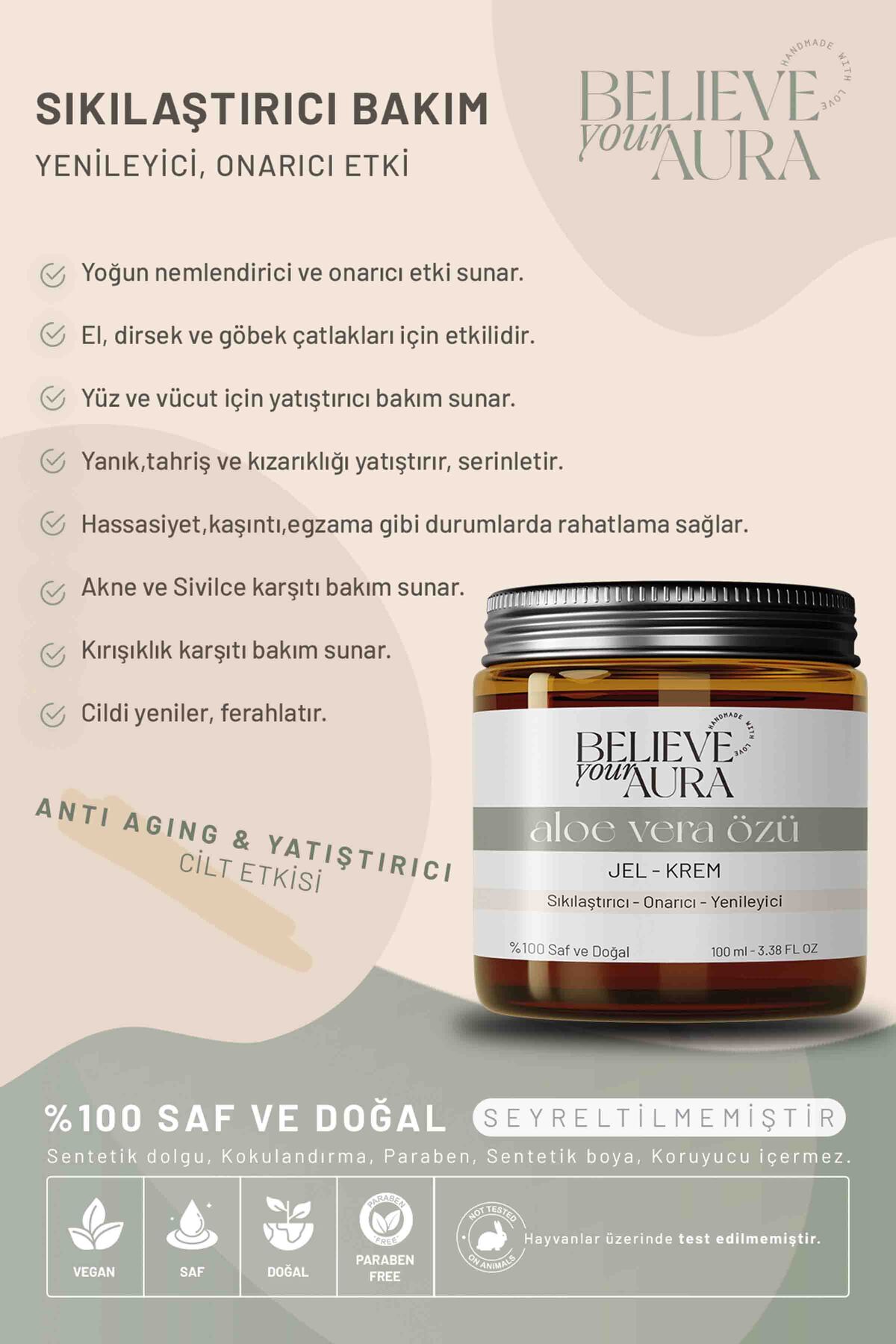 Aloe Vera Jel Kremi - Sıkılaştırıcı Yenileyici Onarıcı %100 Doğal Cilt ve Vücut Bakım Jeli - 100 ml — CRMALV — تصویر 3 از 8