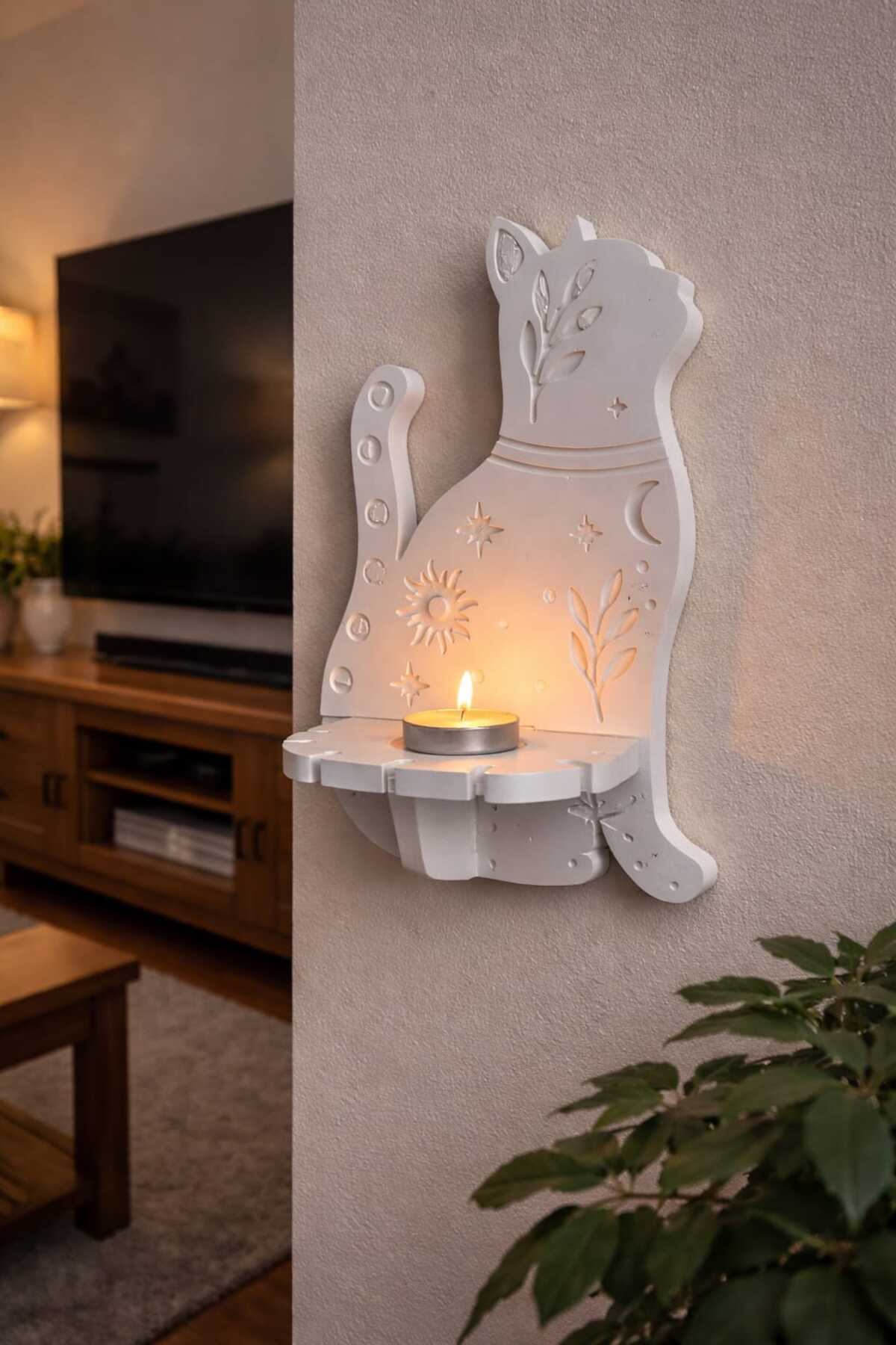 Dekoratif Kedi Figürlü Beton Duvar Mumluğu – Tealight Mumluk