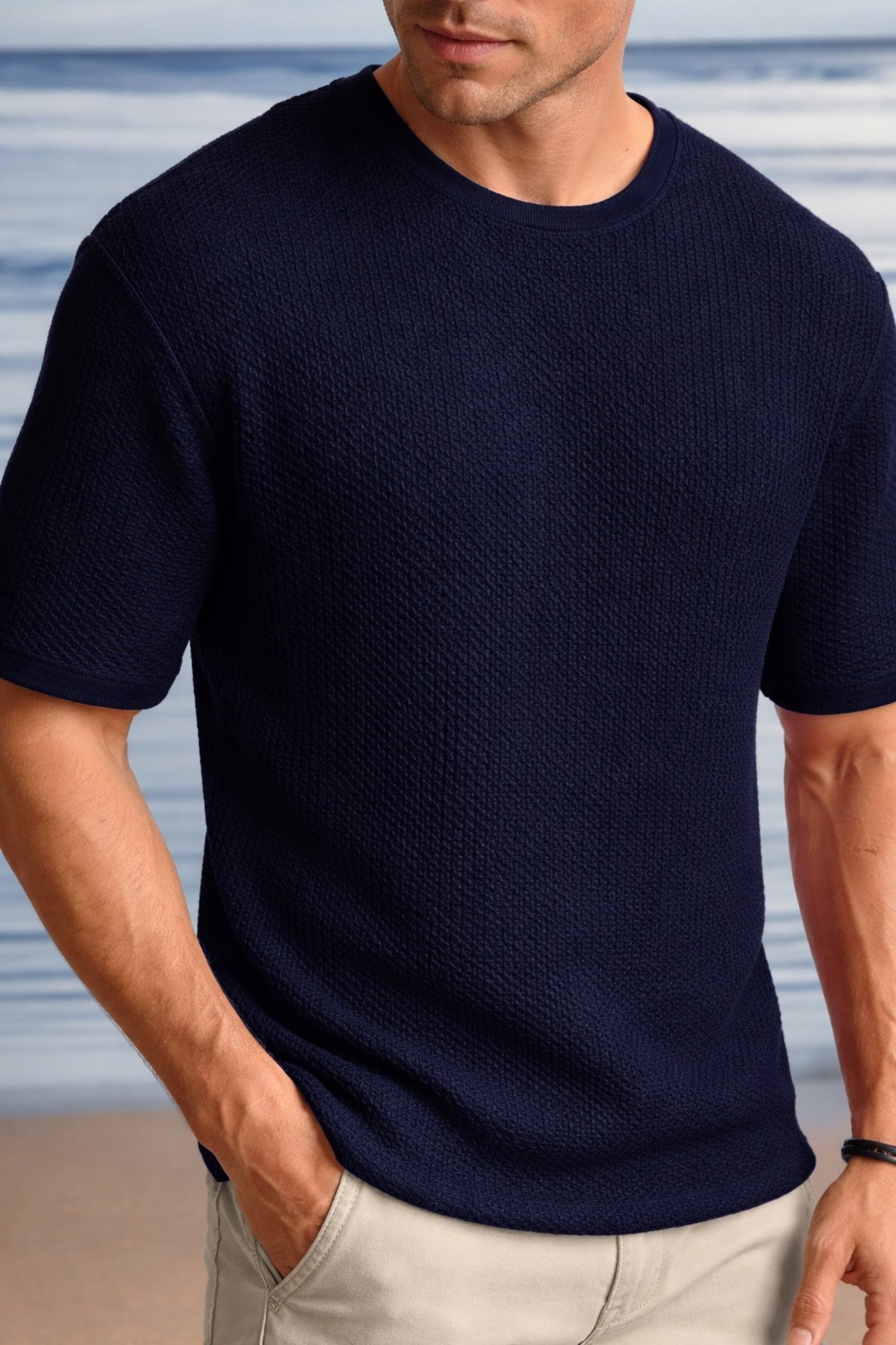 caddekombin  Erkek Robert Waffle Kumaş Bisiklet Yaka Kısa Kol T-shirt - Görsel 2