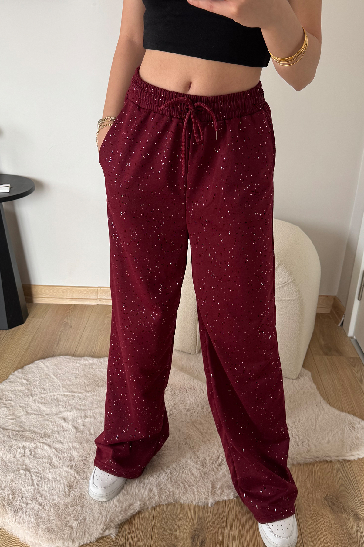 İlayda Toprak  Glow Bordo Cyrstal Detail Simli Bol Kalıp Cool Eşofman Altı - Görsel 2