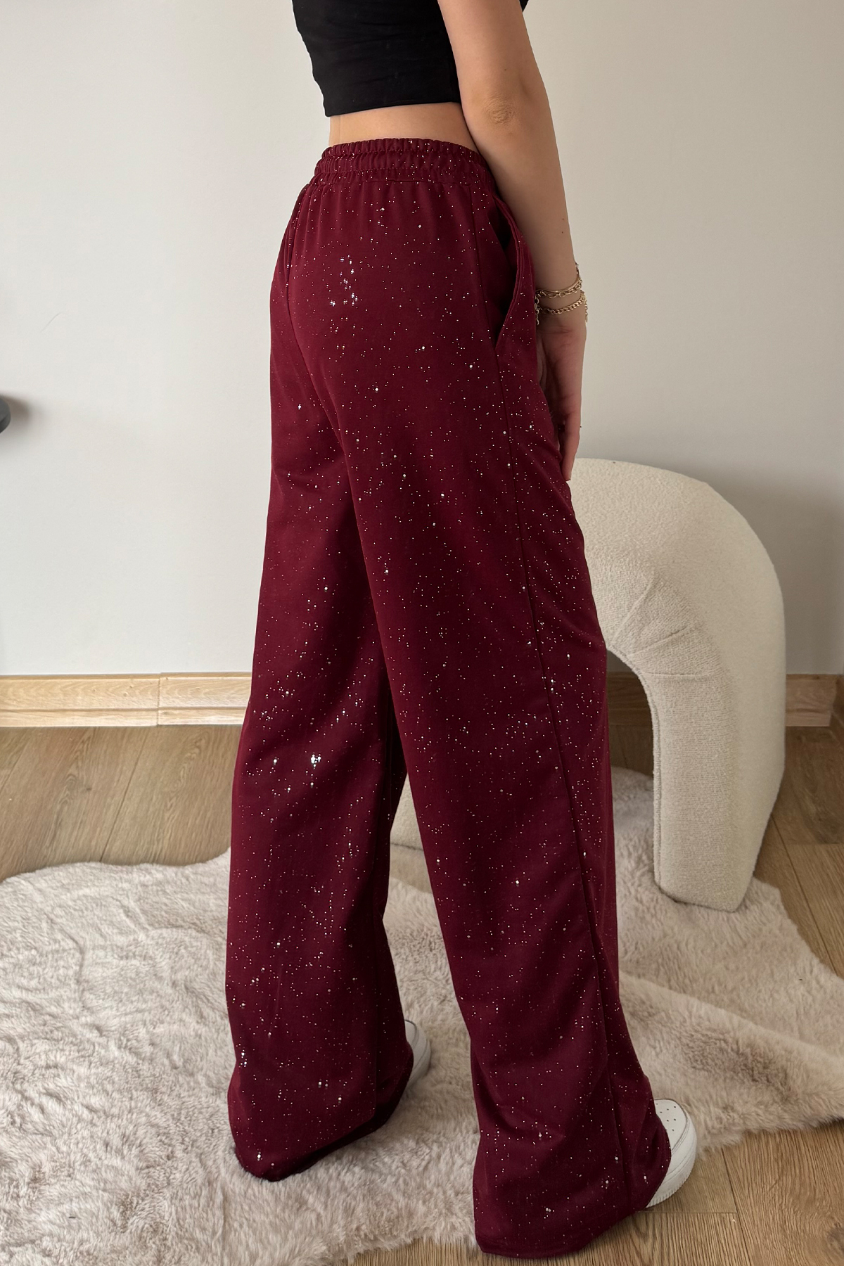 İlayda Toprak  Glow Bordo Cyrstal Detail Simli Bol Kalıp Cool Eşofman Altı - Görsel 6