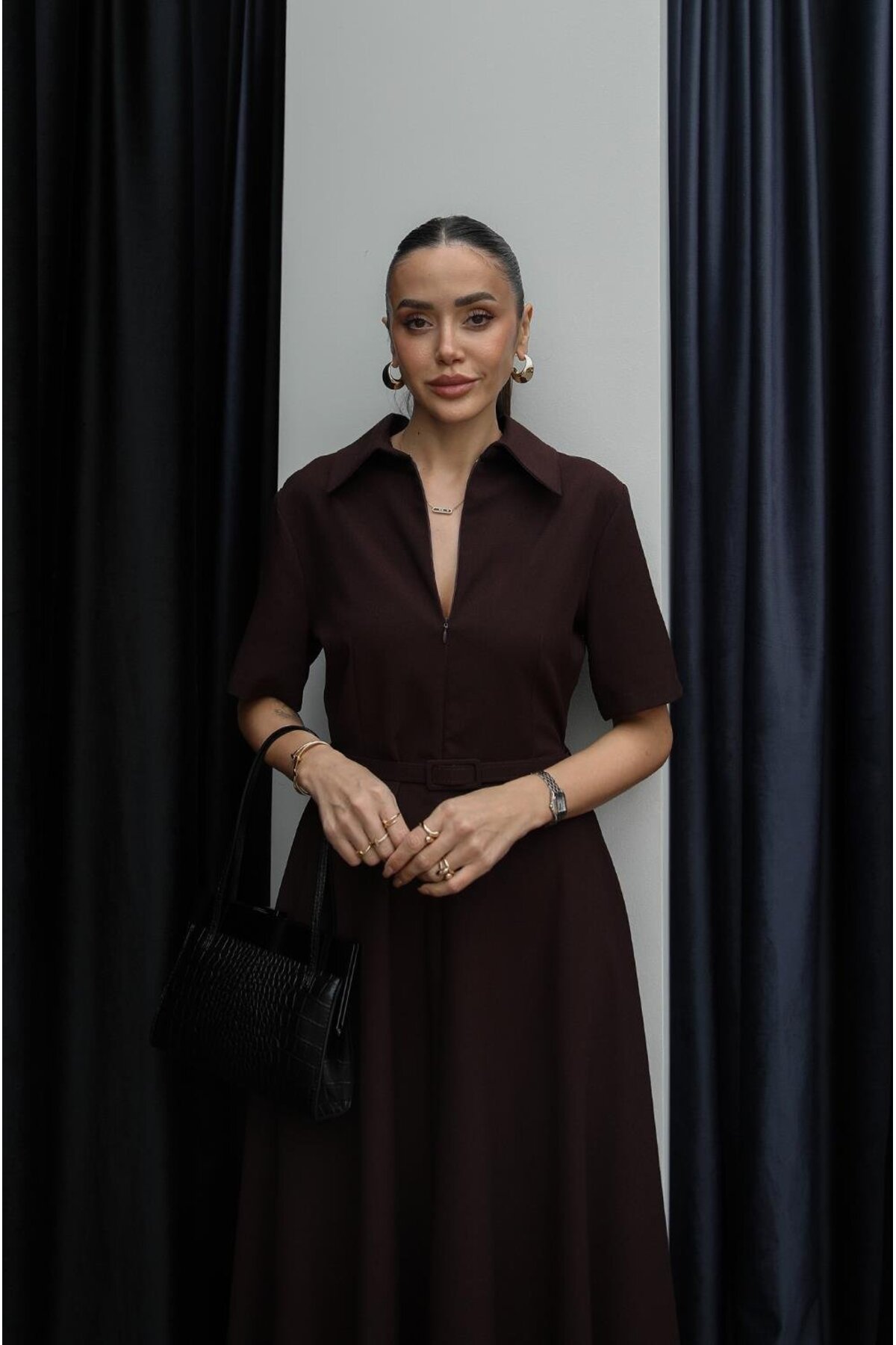 Havoş  Mürdüm Ward İnce Kemerli Elbise - Görsel 4