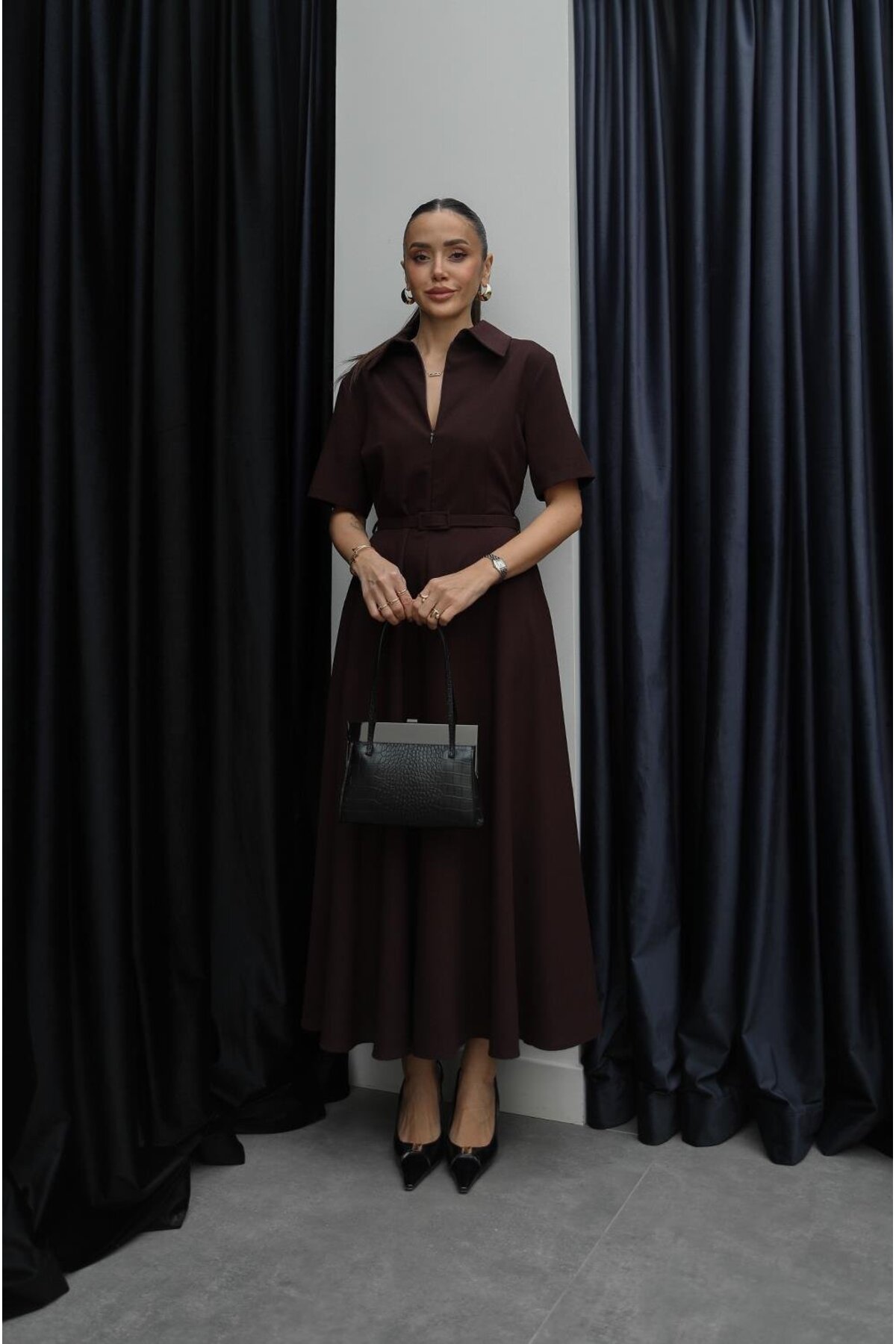 Havoş  Mürdüm Ward İnce Kemerli Elbise - Görsel 2